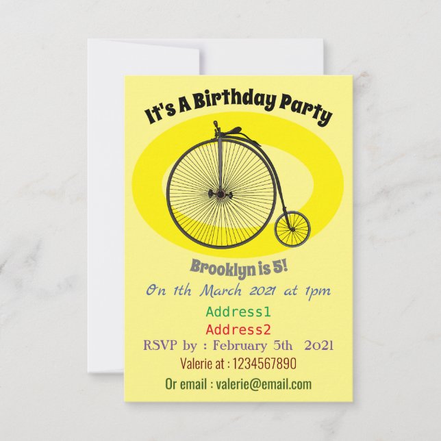 Convite Ilustração de desenho animado de bicicleta de alta (Frente)