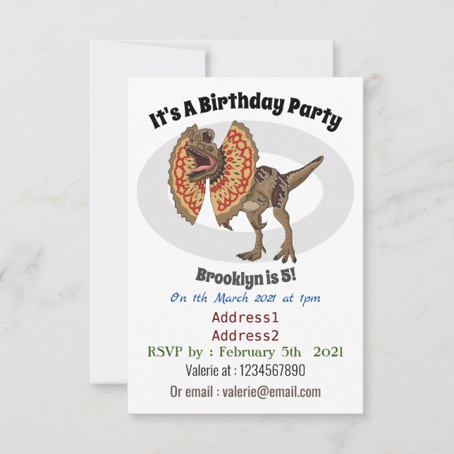 Convite Ilustração de desenho animado de Dilophosaurus (Frente)