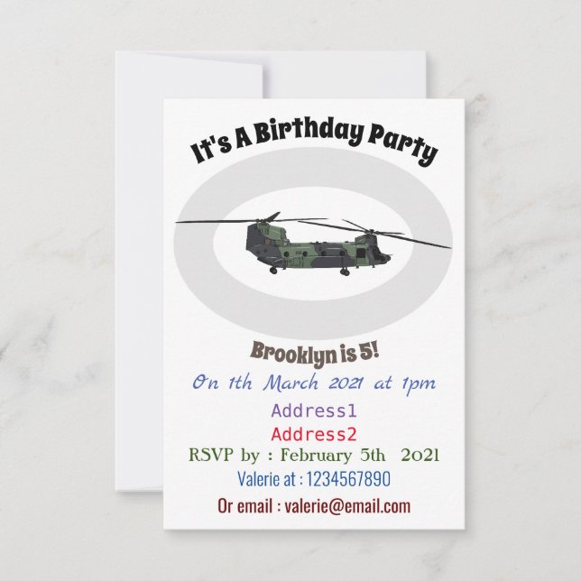 Convite Ilustração de desenho animado de helicóptero do ex (Frente)