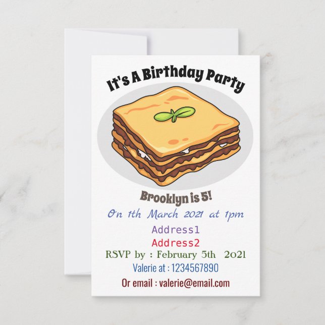 Convite Ilustração de desenho animado de Lasagna (Frente)