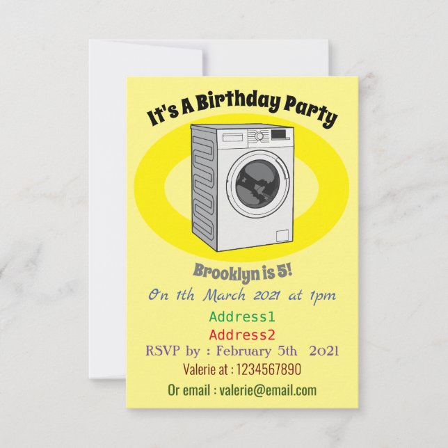 Convite Ilustração de desenho animado de máquina de lavar (Frente)