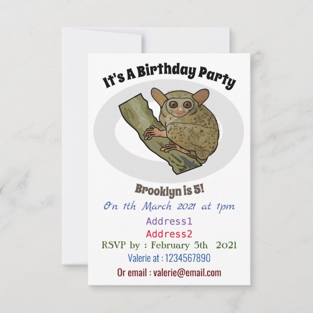 Convite Ilustração de desenho animado de Tarsier (Frente)