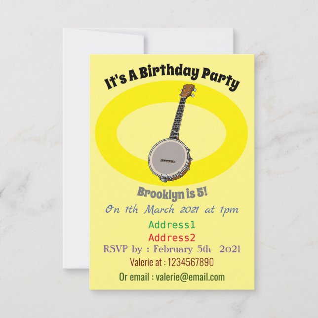 Convite Ilustração de desenho animado do Banjo (Frente)