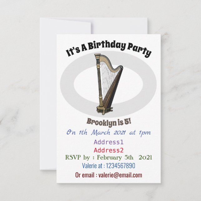 Convite Ilustração de desenho animado Harp (Frente)