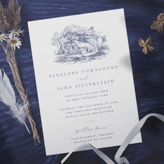 Convite Ilustração de Fazenda Rústica para Casamento Elega (Rustic Farmhouse Illustration Elegant Wedding Invitation)