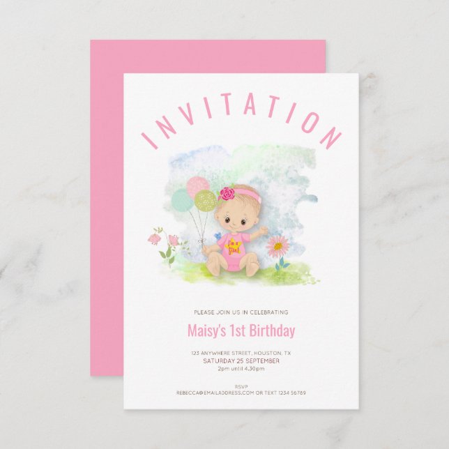 Convite Ilustração de Garota Bebê Rosa Primeira Festa de a (Frente/Verso)
