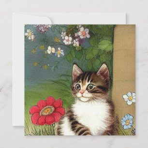 Convite Ilustração de Gato Vintage com Flores de Mola