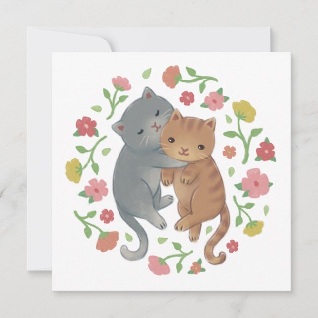 Convite Ilustração de Gatos e Flores de primavera (Frente)