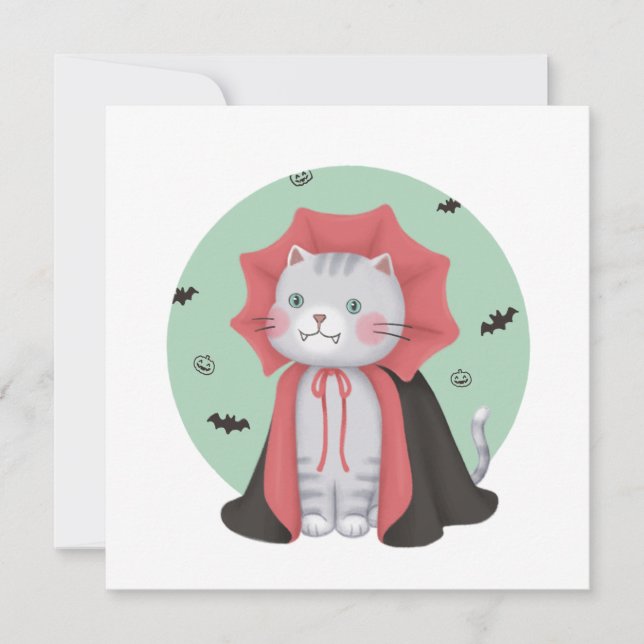 Convite Ilustração de Halloween: Gato de Vampiro (Frente)