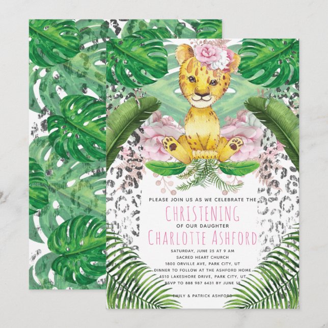 Convite Ilustração de Leoa Safari Batizado (Frente/Verso)