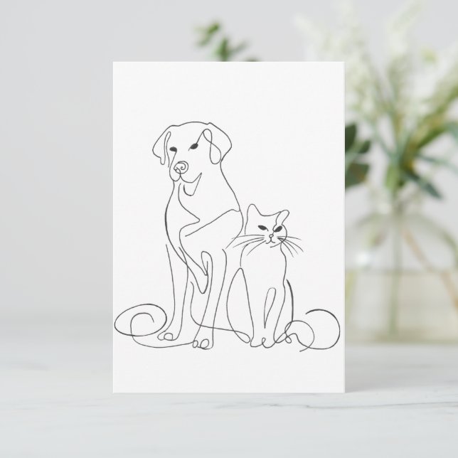 Convite Ilustração de Linha de Cachorro e Gato Pintada à M (Em pé/Frente)