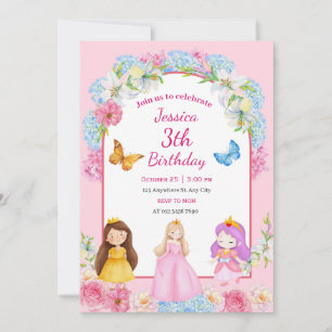 Convite Ilustração de Menina Princesa com Aquarela Rosa Az