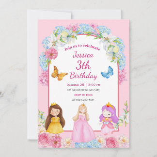 Convite Ilustração de Menina Princesa com Aquarela Rosa Az
