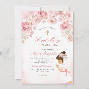 Convite Ilustração de Menina Rezando Floral Rosa Cruz Dour