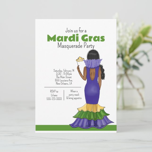 Convite Ilustração de Moda Mardi Gras - Partido (Em pé/Frente)