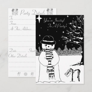 Convite Ilustração de Natal de boneco de neve branco preto