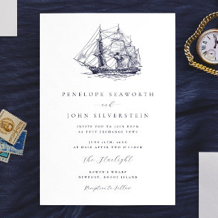 Convite Ilustração de Noiva de Barco Náutico Elegante