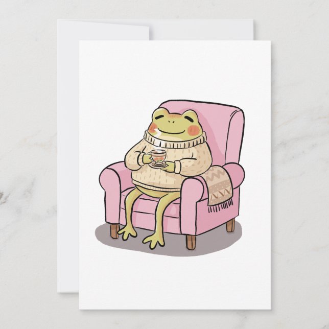 Convite Ilustração de Sapo Aconchegante Bebendo Chá no Sof (Frente)