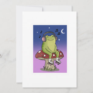 Convite Ilustração de Sapo Fofo Ouvindo Música em Cogumelo
