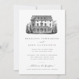 Convite Ilustração de Vila Francesa Elegante para Casament