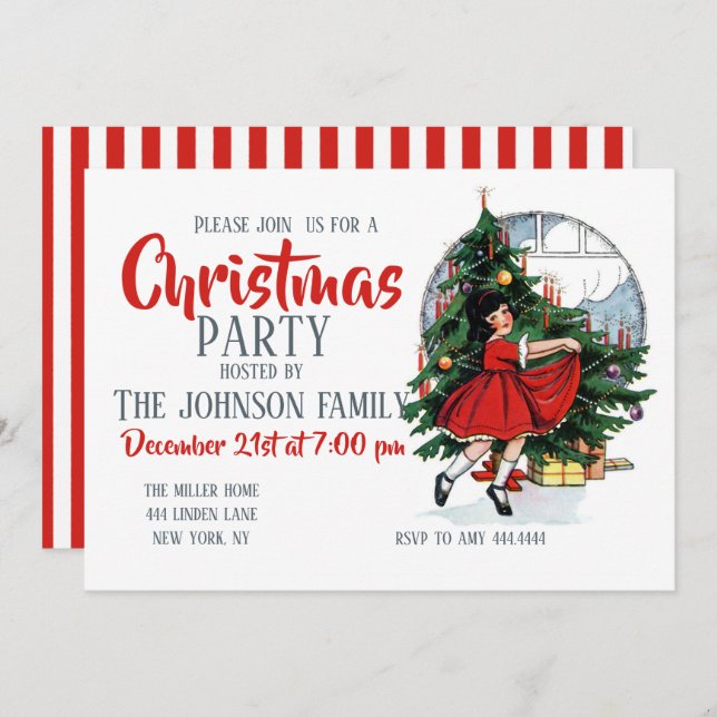 Convite Ilustração de Vintage da Garota de Natal (Frente/Verso)