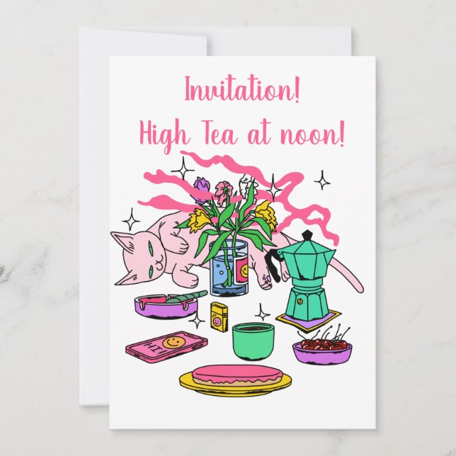 Convite Ilustração do chá de Kitty Cat ao meio-dia (Frente)