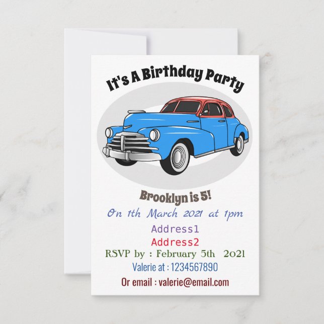 Convite Ilustração do desenho animado Classic car 1948 (Frente)