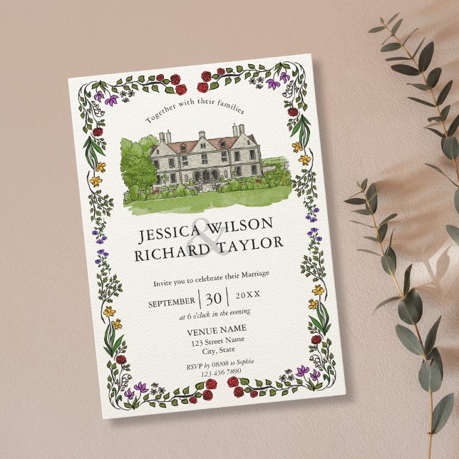Convite Ilustração do Manor de Locais Personalizado Elegan (illustrated wedding mansion venue with floral frame, wedding invitation)