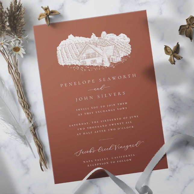 Convite Ilustração do Vineyard Casamento Laranja Queimado (Burnt orange wedding invitation with an illustration of a vineyard)
