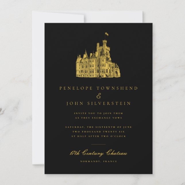 Convite Ilustração Elegante de Château Casamento Dourado P (Frente)