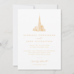Convite Ilustração Elegante de Igreja Vintage em Dourado p