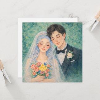 Convite Ilustração em Aquarela de Casal de Noivos Romântic