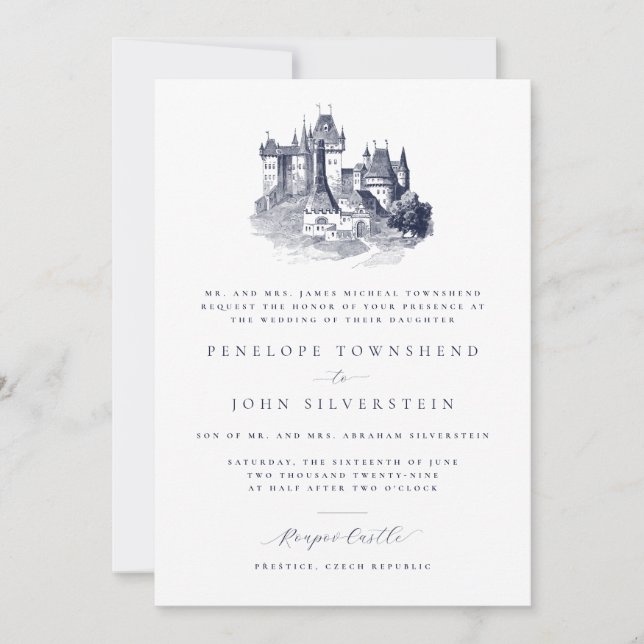 Convite Ilustração Formal de Casamento no Castelo Elegante (Frente)