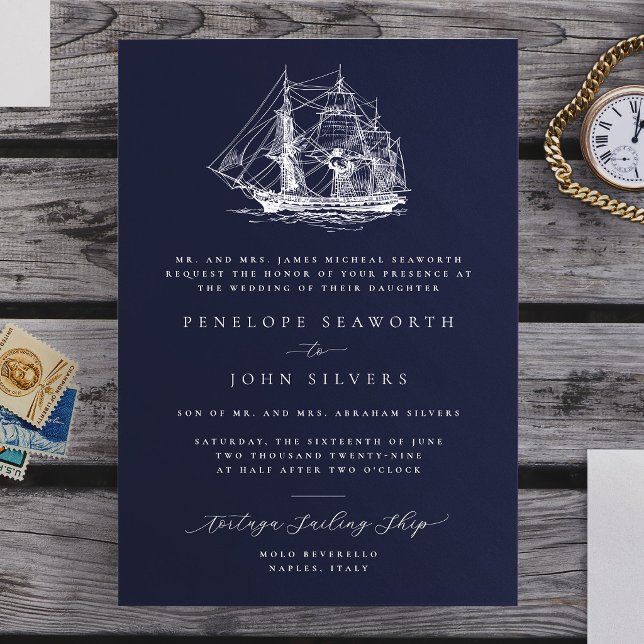 Convite Ilustração Naval de Navio Casamento Formal da Mari (Nautical Ship Illustration Navy Formal Wedding Invitation, Bride's Parents Hosting)
