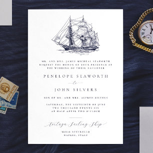 Convite Ilustração Naval de Navio Elegante Casamento Forma