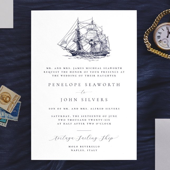 Convite Ilustração Naval de Navio Elegante Casamento Forma (Elegant Nautical Ship Illustration Formal Wedding Invitation)