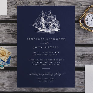 Convite Ilustração Naval Elegante de Navio Casamento Marin