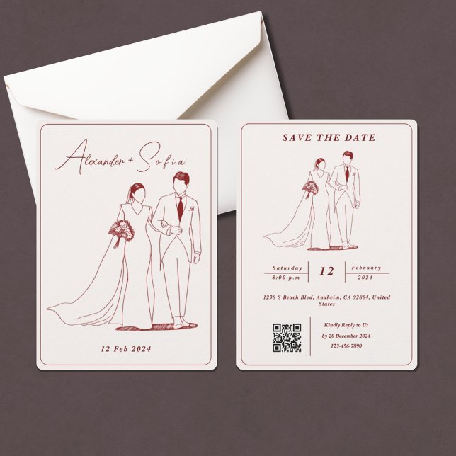 Convite Ilustração Simples com Casamento RSVP de Código QR (Criador carregado)