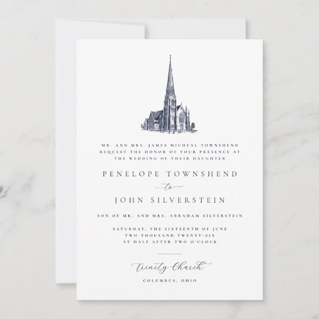 Convite Ilustração Tradicional de Igreja Casamento Formal (Frente)