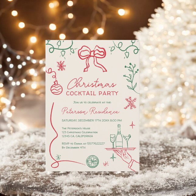 Convite Ilustração verde-Quirky vermelha Cocktail de Natal (Quirky red green illustration Christmas Cocktail Invitation)