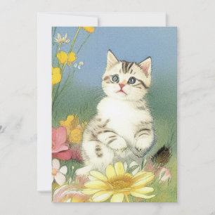 Convite Ilustração Vintage Kitten com Flores Amarelas