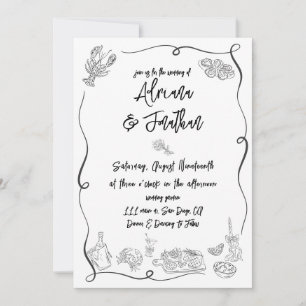 Convite Ilustrações de casamento desenhadas à mão em preto