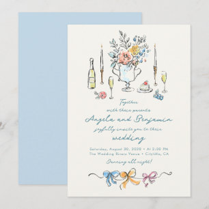 Convite Ilustrações Desenhadas à Mão Casamento Francês Cap