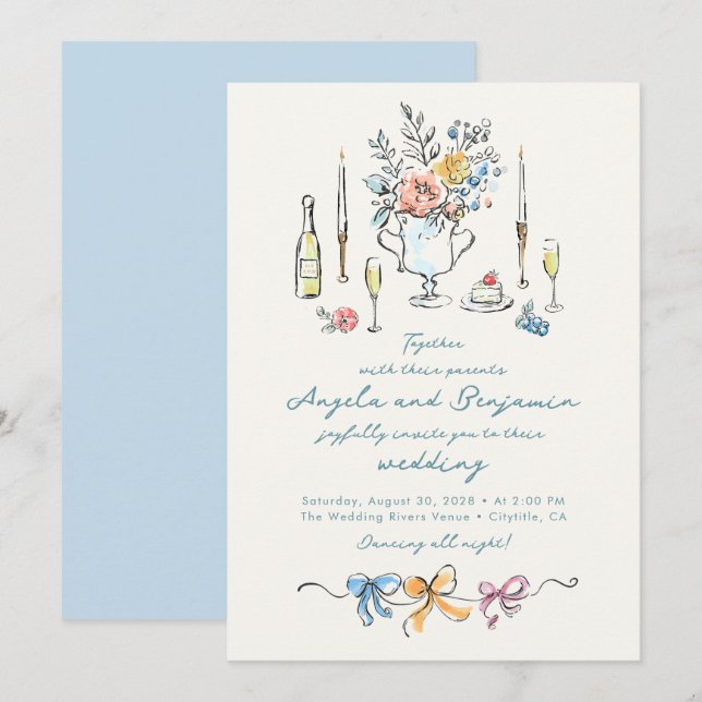 Convite Ilustrações Desenhadas à Mão Casamento Francês Cap (Frente/Verso)