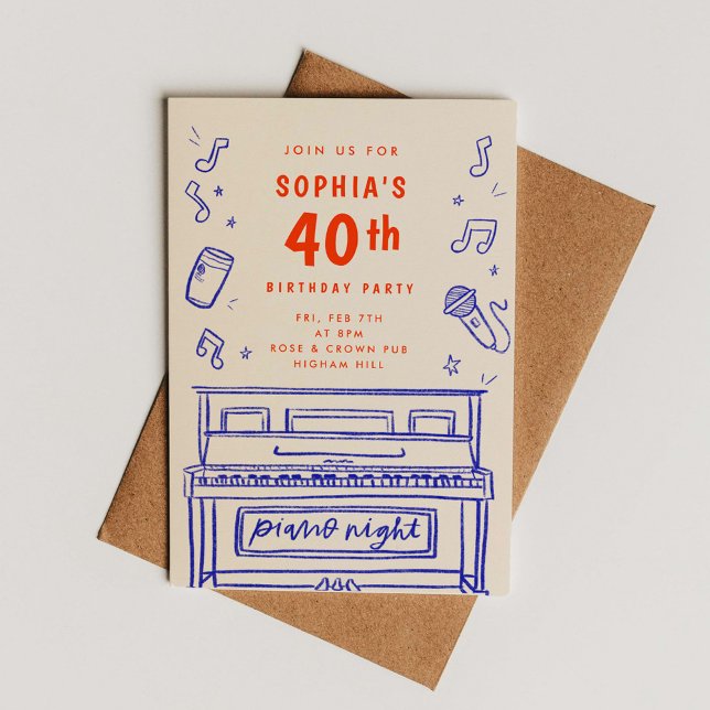 Convite Ilustrações Desenhadas À Mão De aniversário de 40  (Piano Night 40th Birthday Hand-Drawn Illustrations Invitation)