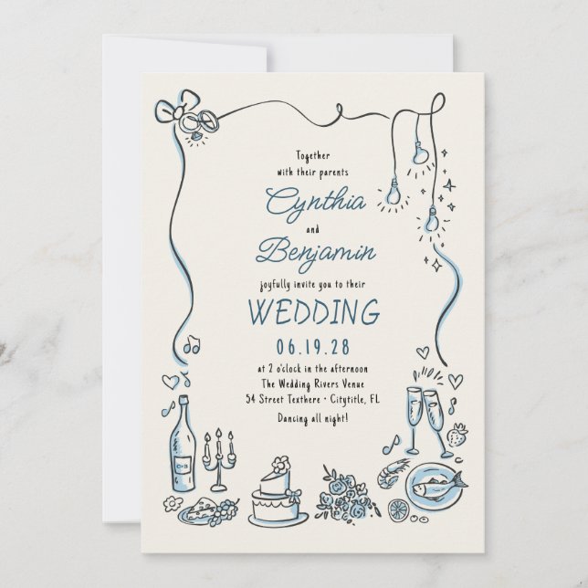 Convite Ilustrações Desenhadas à Mão Rabiscos Casamento Ca (Frente)