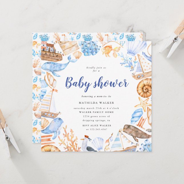 Convite ilustrações náuticas de praia chá de fraldas (Frente/Verso In Situ)