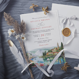 Convite Ilustrado Lago Como Itália Casamento Moderno Elega