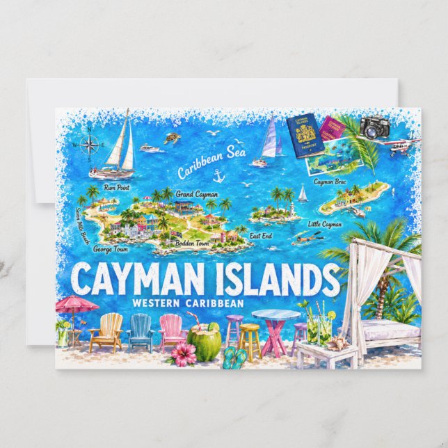 Convite Ilustrado Mapa de Viagem dos Ilhas Cayman em Posta (Frente)