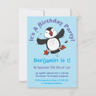Convite Imagem azul de desenho animado de puffin voador e